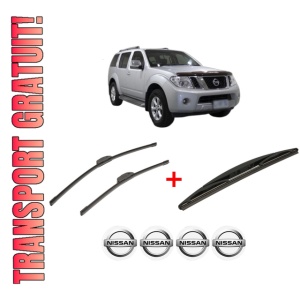 Set 3 stergatoare NISSAN PATHFINDER III VAN (R51_) din 2013 - 2014, pentru parbriz si luneta fata si spate auto, Bosch Twin, din cauciuc siliconat rezistent, 4 Stickere Auto NISSAN