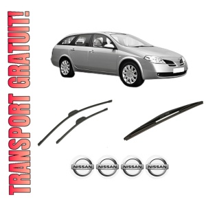 Set 3 stergatoare NISSAN PRIMERA Estate (WP12) din 2002-2007, pentru parbriz si luneta fata si spate auto, Bosch Twin-Aerotwin Retrofit, din cauciuc siliconat rezistent, 4 Stickere Auto NISSAN