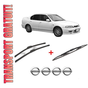 Set 3 stergatoare NISSAN PRIMERA Hatchback (P11) din 1996 - 2002, pentru parbriz si luneta fata si spate auto, Bosch Twin, din cauciuc siliconat rezistent, 4 Stickere Auto NISSAN