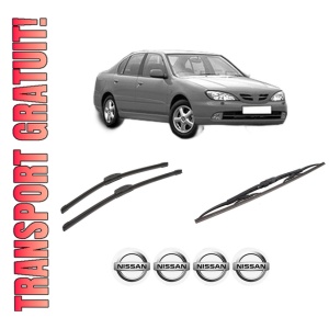 Set 3 stergatoare NISSAN PRIMERA (P11) din 1996-2001, pentru parbriz si luneta fata si spate auto, Bosch Twin-Aerotwin Retrofit, din cauciuc siliconat rezistent, 4 Stickere Auto NISSAN