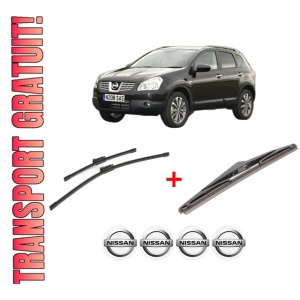 Set 3 stergatoare NISSAN QASHQAI +2 VAN (JJ10E) din 2008 - 2014, pentru parbriz si luneta fata si spate auto, Bosch Twin, din cauciuc siliconat rezistent, 4 Stickere Auto NISSAN