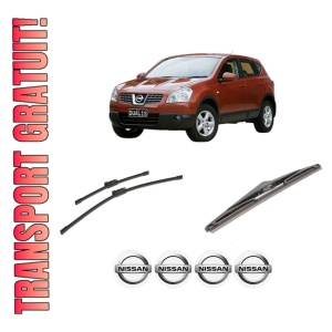 Set 3 stergatoare NISSAN QASHQAI I (J10, NJ10) din 2006-2014, pentru parbriz si luneta fata si spate auto, Bosch Twin-Aerotwin, din cauciuc siliconat rezistent, 4 Stickere Auto NISSAN
