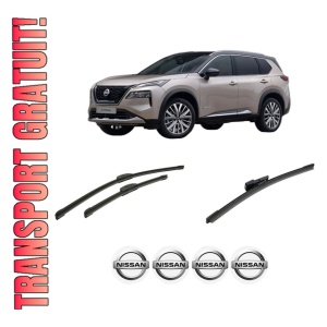 Set 3 stergatoare NISSAN X-TRAIL IV (T33) din 2022-2024, pentru parbriz si luneta fata si spate auto, Bosch Aerotwin-Aerotwin Retrofit, din cauciuc siliconat rezistent, 4 Stickere Auto NISSAN