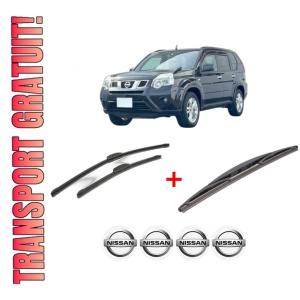 Set 3 stergatoare NISSAN X-TRAIL VAN (T31) din 2011 - 2014, pentru parbriz si luneta fata si spate auto, Bosch Twin, din cauciuc siliconat rezistent, 4 Stickere Auto NISSAN