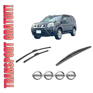 Set 3 stergatoare NISSAN X-TRAIL VAN (T31) din 2011-2014, pentru parbriz si luneta fata si spate auto, Bosch Twin-Aerotwin Retrofit, din cauciuc siliconat rezistent, 4 Stickere Auto NISSAN