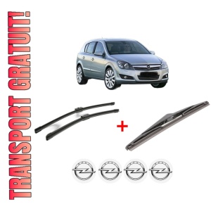 Set 3 stergatoare OPEL ASTRA H CLASSIC Hatchback (A04) din 2009, pentru parbriz si luneta fata si spate auto, Bosch Twin, din cauciuc siliconat rezistent, 4 Stickere Auto OPEL