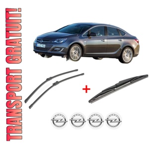 Set 3 stergatoare OPEL ASTRA J Saloon din 2012 - 2015, pentru parbriz si luneta fata si spate auto, Bosch Twin, din cauciuc siliconat rezistent, 4 Stickere Auto OPEL