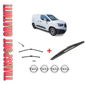 Set 3 stergatoare OPEL COMBO Box Body/MPV (K9) din 2018 - 2021, pentru parbriz si luneta fata si spate auto, Valeo Silencio, din cauciuc siliconat rezistent, 4 Stickere Auto OPEL