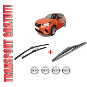 Set 3 stergatoare OPEL CORSA F (P2JO) din 2019, pentru parbriz si luneta fata si spate auto, Bosch Twin, din cauciuc siliconat rezistent, 4 Stickere Auto OPEL