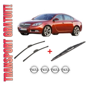 Set 3 stergatoare OPEL INSIGNIA A Saloon (G09) din 2008 - 2017, pentru parbriz si luneta fata si spate auto, Bosch Twin, din cauciuc siliconat rezistent, 4 Stickere Auto OPEL