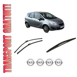 Set 3 stergatoare OPEL MERIVA B VAN (S10) din 2013-2017, pentru parbriz si luneta fata si spate auto, Bosch Twin-Aerotwin, din cauciuc siliconat rezistent, 4 Stickere Auto OPEL