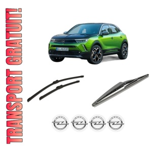Set 3 stergatoare OPEL MOKKA din 2020-2022, pentru parbriz si luneta fata si spate auto, Bosch Twin-Aerotwin, din cauciuc siliconat rezistent, 4 Stickere Auto OPEL