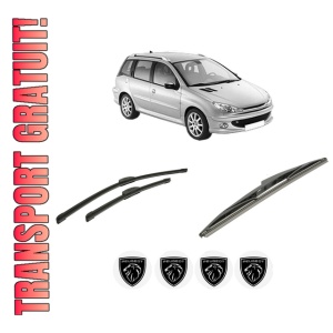 Set 3 stergatoare PEUGEOT 206 SW (2E/K) din 2002-2008, pentru parbriz si luneta fata si spate auto, Bosch Twin-Aerotwin Retrofit, din cauciuc siliconat rezistent, 4 Stickere Auto PEUGEOT