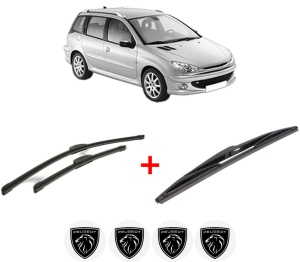 Set 3 stergatoare PEUGEOT 206 SW (2E/K) din 2002 - 2008, pentru parbriz si luneta fata si spate auto, Bosch Twin, din cauciuc siliconat rezistent, 4 Stickere Auto PEUGEOT v8417