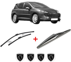 Set 3 stergatoare PEUGEOT 207 SW (WK_) din 2007 - 2013, pentru parbriz si luneta fata si spate auto, Bosch Twin, din cauciuc siliconat rezistent, 4 Stickere Auto PEUGEOT v8597