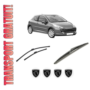 Set 3 stergatoare PEUGEOT 207 (WA_, WC_) din 2006-2015, pentru parbriz si luneta fata si spate auto, Bosch Twin-Aerotwin, din cauciuc siliconat rezistent, 4 Stickere Auto PEUGEOT