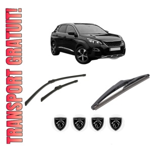 Set 3 stergatoare PEUGEOT 3008 II SUV (MC_, MR_, MJ_, M4_) din 2016-2023, pentru parbriz si luneta fata si spate auto, Bosch Twin-Aerotwin, din cauciuc siliconat rezistent, 4 Stickere Auto PEUGEOT