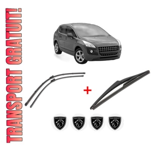Set 3 stergatoare PEUGEOT 3008 Van (0U_) din 2009 - 2016, pentru parbriz si luneta fata si spate auto, Valeo Silencio, din cauciuc siliconat rezistent, 4 Stickere Auto PEUGEOT
