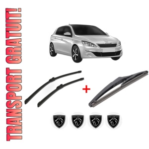 Set 3 stergatoare PEUGEOT 308 Hatchback Van (LB_) din 2015 - 2021, pentru parbriz si luneta fata si spate auto, Bosch Twin, din cauciuc siliconat rezistent, 4 Stickere Auto PEUGEOT