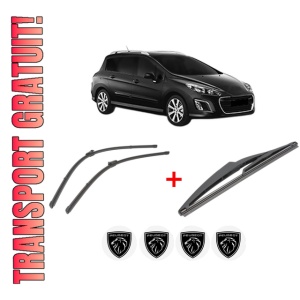 Set 3 stergatoare PEUGEOT 308 SW I Estate Van (4E_) din 2008 - 2012, pentru parbriz si luneta fata si spate auto, Valeo Silencio, din cauciuc siliconat rezistent, 4 Stickere Auto PEUGEOT