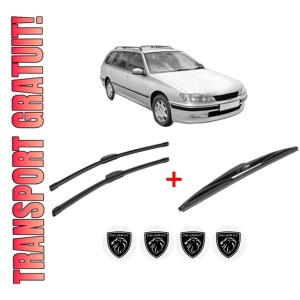 Set 3 stergatoare PEUGEOT 406 Break (8E/F) din 1996 - 2004, pentru parbriz si luneta fata si spate auto, Bosch Twin, din cauciuc siliconat rezistent, 4 Stickere Auto PEUGEOT