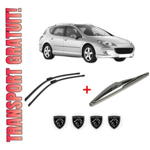 Set 3 stergatoare PEUGEOT 407 SW (6E_, 6D_) din 2004 - 2010, pentru parbriz si luneta fata si spate auto, Bosch Twin, din cauciuc siliconat rezistent, 4 Stickere Auto PEUGEOT