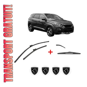 Set 3 stergatoare PEUGEOT 5008 II (MC_, MJ_, MR_, M4_) din 2016 - 2019, pentru parbriz si luneta fata si spate auto, Valeo Silencio, din cauciuc siliconat rezistent, 4 Stickere Auto PEUGEOT