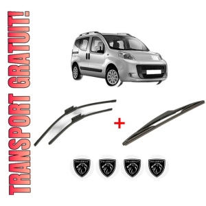 Set 3 stergatoare PEUGEOT BIPPER TEPEE din 2008, pentru parbriz si luneta fata si spate auto, Bosch Twin, din cauciuc siliconat rezistent, 4 Stickere Auto PEUGEOT