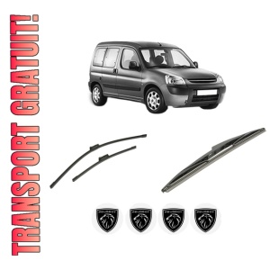 Set 3 stergatoare PEUGEOT PARTNER TEPEE din 2008-2018, pentru parbriz si luneta fata si spate auto, Bosch Twin-Aerotwin, din cauciuc siliconat rezistent, 4 Stickere Auto PEUGEOT
