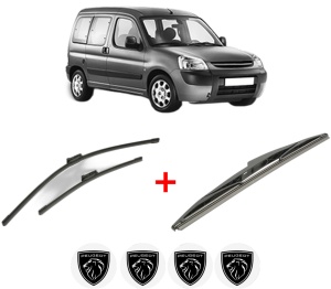 Set 3 stergatoare PEUGEOT PARTNER TEPEE din 2008 - 2018, pentru parbriz si luneta fata si spate auto, Bosch Twin, din cauciuc siliconat rezistent, 4 Stickere Auto PEUGEOT v7997