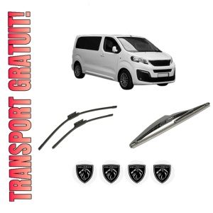 Set 3 stergatoare PEUGEOT TRAVELLER Bus (V_) din 2016-2023, pentru parbriz si luneta fata si spate auto, Bosch Twin-Aerotwin, din cauciuc siliconat rezistent, 4 Stickere Auto PEUGEOT