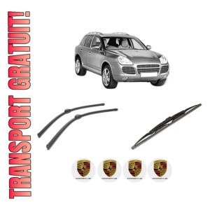 Set 3 stergatoare PORSCHE CAYENNE (9PA) din 2002-2010, pentru parbriz si luneta fata si spate auto, Bosch Twin-Aerotwin, din cauciuc siliconat rezistent, 4 Stickere Auto PORSCHE