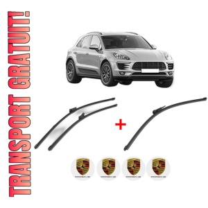 Set 3 stergatoare PORSCHE MACAN (95B) din 2014 - 2018, pentru parbriz si luneta fata si spate auto, Valeo Silencio Xtrm, din cauciuc siliconat rezistent, 4 Stickere Auto PORSCHE