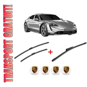 Set 3 stergatoare PORSCHE TAYCAN Sport Turismo (Y1C) din 2021 - 2023, pentru parbriz si luneta fata si spate auto, Bosch Aerotwin, din cauciuc siliconat rezistent, 4 Stickere Auto PORSCHE