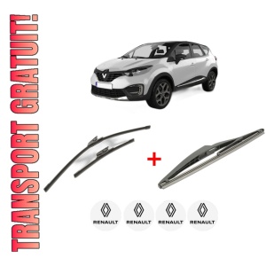Set 3 stergatoare RENAULT CAPTUR I (J5_, H5_) din 2013, pentru parbriz si luneta fata si spate auto, Bosch Twin, din cauciuc siliconat rezistent, 4 Stickere Auto RENAULT