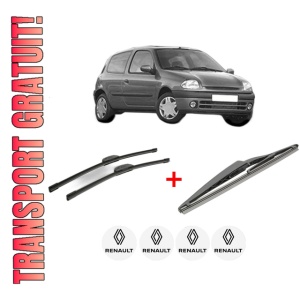 Set 3 stergatoare RENAULT CLIO II (BB_, CB_) din 1998 - 2016, pentru parbriz si luneta fata si spate auto, Bosch Twin, din cauciuc siliconat rezistent, 4 Stickere Auto RENAULT
