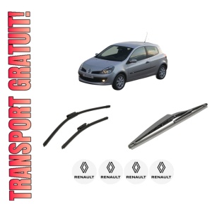 Set 3 stergatoare RENAULT CLIO III (BR0/1, CR0/1) din 2005-2014, pentru parbriz si luneta fata si spate auto, Bosch Twin-Aerotwin, din cauciuc siliconat rezistent, 4 Stickere Auto RENAULT