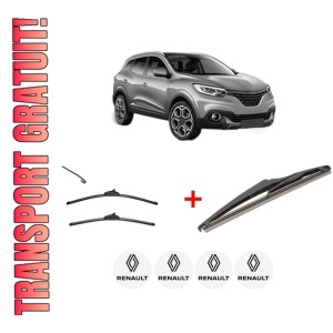 Set 3 stergatoare RENAULT KADJAR (HA_, HL_) din 2015, pentru parbriz si luneta fata si spate auto, Valeo Silencio, din cauciuc siliconat rezistent, 4 Stickere Auto RENAULT