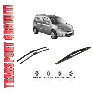 Set 3 stergatoare RENAULT KANGOO / GRAND KANGOO II (KW0/1_) din 2008-2019, pentru parbriz si luneta fata si spate auto, Bosch Twin-Aerotwin Retrofit, din cauciuc siliconat rezistent, 4 Stickere Auto RENAULT