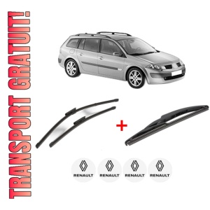 Set 3 stergatoare RENAULT MEGANE II Estate (KM0/1_) din 2003 - 2011, pentru parbriz si luneta fata si spate auto, Valeo Silencio, din cauciuc siliconat rezistent, 4 Stickere Auto RENAULT