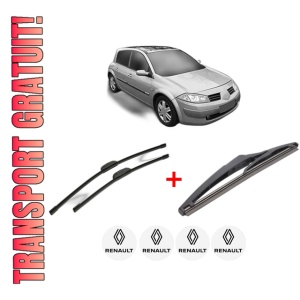 Set 3 stergatoare RENAULT MEGANE II Hatchback Van (KM0/2_) din 2003 - 2009, pentru parbriz si luneta fata si spate auto, Bosch Twin, din cauciuc siliconat rezistent, 4 Stickere Auto RENAULT