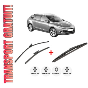Set 3 stergatoare RENAULT MEGANE III Grandtour (KZ0/1) din 2008 - 2016, pentru parbriz si luneta fata si spate auto, Valeo Silencio, din cauciuc siliconat rezistent, 4 Stickere Auto RENAULT
