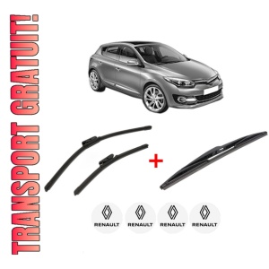 Set 3 stergatoare RENAULT MEGANE III Hatchback (BZ0/1_, B3_) din 2008 - 2017, pentru parbriz si luneta fata si spate auto, Bosch Twin, din cauciuc siliconat rezistent, 4 Stickere Auto RENAULT