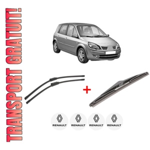 Set 3 stergatoare RENAULT SCENIC III (JZ0/1_) din 2008 - 2016, pentru parbriz si luneta fata si spate auto, Bosch Twin, din cauciuc siliconat rezistent, 4 Stickere Auto RENAULT