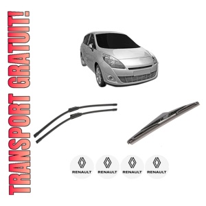Set 3 stergatoare RENAULT SCENIC III VAN (JZ0/1_) din 2009-2016, pentru parbriz si luneta fata si spate auto, Bosch Twin-Aerotwin, din cauciuc siliconat rezistent, 4 Stickere Auto RENAULT