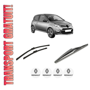 Set 3 stergatoare RENAULT TWINGO II (CN0_) din 2007-2014, pentru parbriz si luneta fata si spate auto, Bosch Twin-Aerotwin, din cauciuc siliconat rezistent, 4 Stickere Auto RENAULT