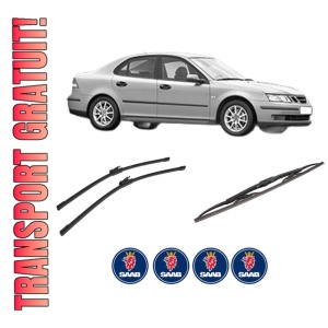 Set 3 stergatoare SAAB 9-3 (YS3F, E79, D79, D75) din 2002-2015, pentru parbriz si luneta fata si spate auto, Bosch Twin-Aerotwin, din cauciuc siliconat rezistent, 4 Stickere Auto SAAB