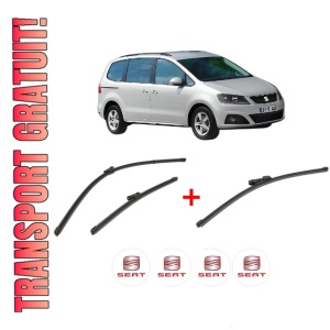 Set 3 stergatoare SEAT ALHAMBRA (710, 711) din 2010 - 2022, pentru parbriz si luneta fata si spate auto, Valeo Silencio Xtrm, din cauciuc siliconat rezistent, 4 Stickere Auto SEAT
