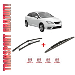 Set 3 stergatoare SEAT IBIZA IV SC (6J1, 6P5) din 2008 - 2016, pentru parbriz si luneta fata si spate auto, Bosch Twin, din cauciuc siliconat rezistent, 4 Stickere Auto SEAT