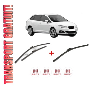 Set 3 stergatoare SEAT IBIZA IV ST (6J8, 6P8) din 2010 - 2016, pentru parbriz si luneta fata si spate auto, Valeo Silencio Xtrm, din cauciuc siliconat rezistent, 4 Stickere Auto SEAT